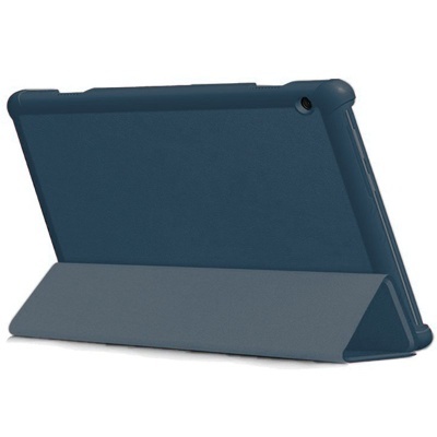 Capa protetora azul-escuro para tablet com suporte dobrável.