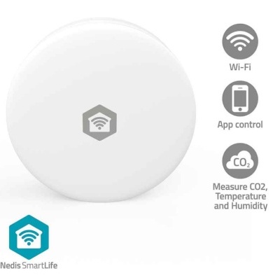 Dispositivo branco circular com símbolo Wi-Fi e textos de funcionalidades ao lado.