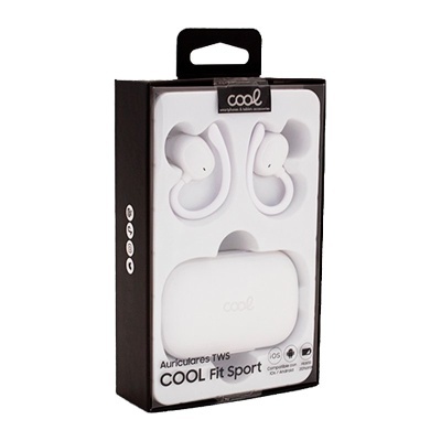 Auriculares TWS brancos COOL Fit Sport com estojo em embalagem preta