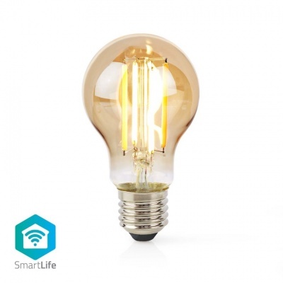 Lâmpada de filamento LED com base metálica e luz amarela, sobre fundo branco com ícone SmartLife.