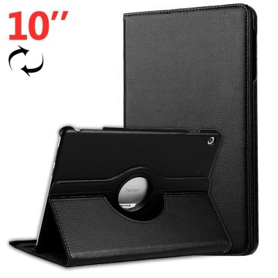 Capa preta para tablet de 10 polegadas com suporte rotativo e abertura para câmara.