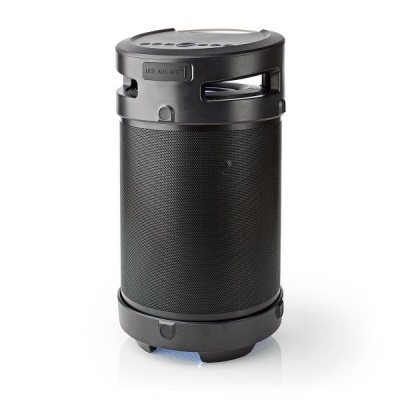 Coluna de som portátil preta cilíndrica com botões e malha de tecido, texto LED AUDIO