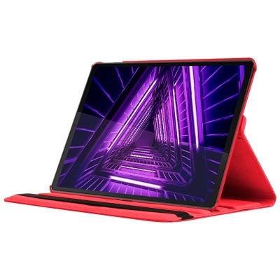 Tablet com capa vermelha e padrão roxo no ecrã