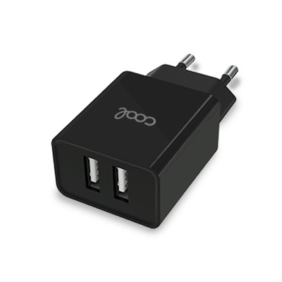 Carregador de parede preto com duas portas USB e plugue europeu