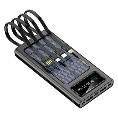 Carregador portátil preto com painel solar e três cabos embutidos.