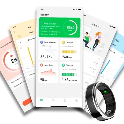 Aplicação móvel de saúde mostrando dados de passos, batimentos cardíacos, calorias e uma pulseira inteligente preta.