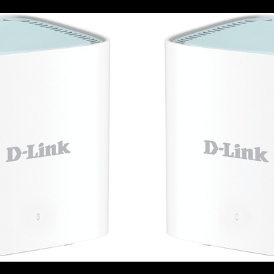 Dois dispositivos eletrónicos D-Link brancos com topo azul claro
