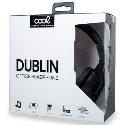Caixa branca de auscultadores Dublin Office Headphone com parte transparente mostrando auscultadores pretos