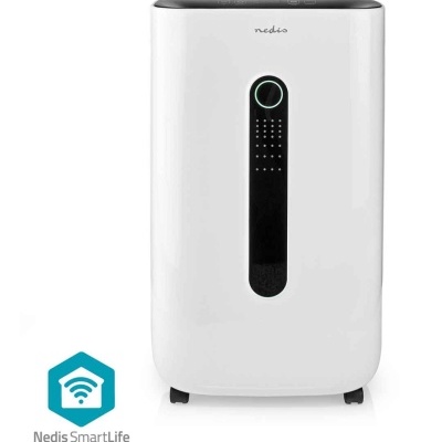 Desumidificador branco da marca nedis com painel frontal preto, botão iluminado e rodas