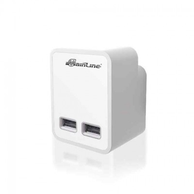 Carregador de parede branco com dois USB e logótipo Mainline