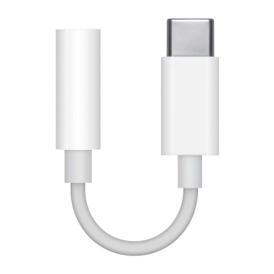 Adaptador USB-C para jack 3.5mm branco com cabo curto