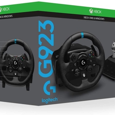 Caixa do volante Logitech G923 para Xbox e Windows com volante e pedais pretos