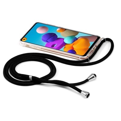 Smartphone com capa transparente e cordão preto com pontas metálicas.