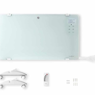 Aquecedor de parede branco com vidro, suportes com rodas e comando à distância