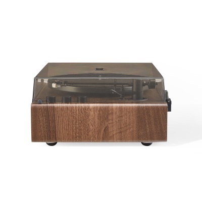 Gira-discos com base em madeira e tampa transparente fumada