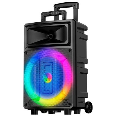 Coluna de som portátil preta com rodas e luzes LED coloridas