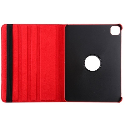 Capa protetora de tablet vermelho e preto com suporte e fecho elástico