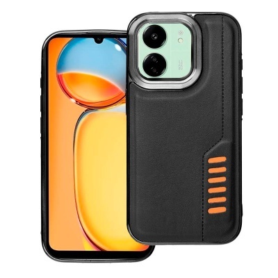 Capa protetora preta para smartphone com design laranja e telemóvel com ecrã colorido