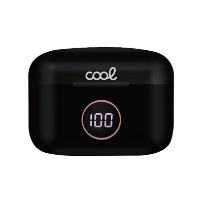Estojo preto para auriculares com ecrã digital a mostrar 100 e texto cool