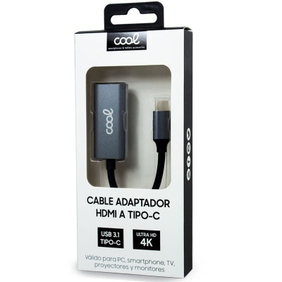 Embalagem branca e preta com cabo adaptador HDMI a Tipo-C da marca Cool