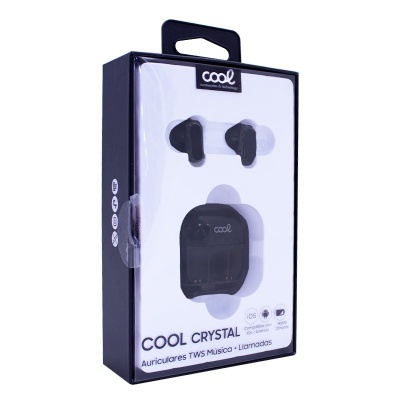 Auriculares TWS pretos com estojo em embalagem retangular branca e preta