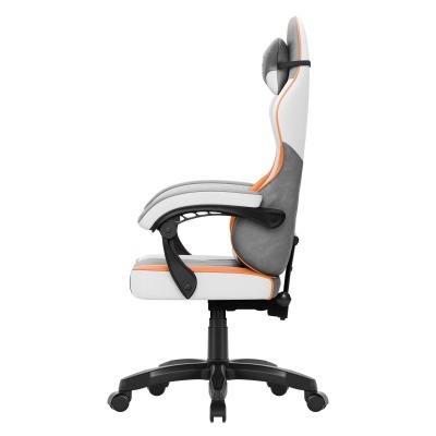 Cadeira de escritório ergonómica cinzenta com detalhes laranja e apoio de cabeça