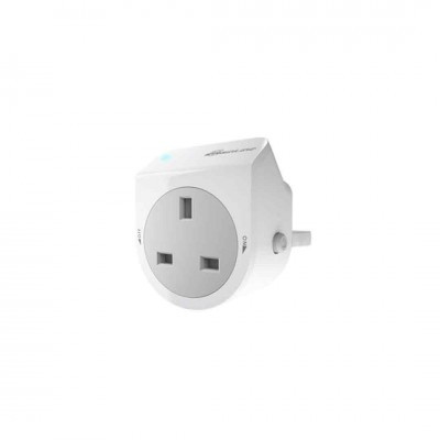 Tomada eléctrica branca de três pinos com botão ON/OFF e luz indicadora azul