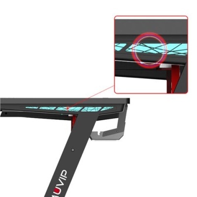 Estrutura metálica preta e vidro azul com suporte e destaque em círculo vermelho para falha