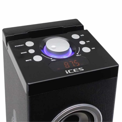 Coluna de som preta com botões e display digital