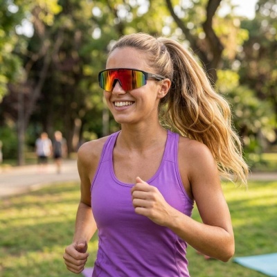 Mulher a correr com óculos desportivos espelhados e camisola roxa ao ar livre