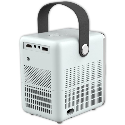 Projetor portátil branco com alça preta e entradas USB e HDMI