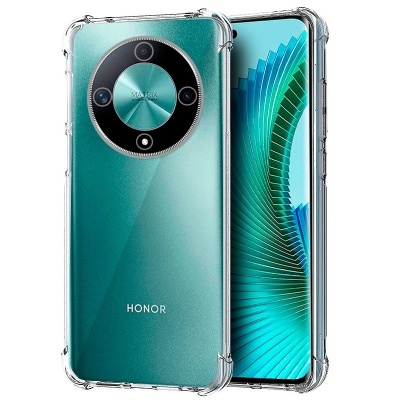 Smartphone HONOR verde metálico com módulo circular de câmeras e capa transparente