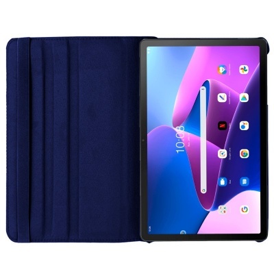 Tablet digital com capa azul escura aberta mostrando ecrã ligado