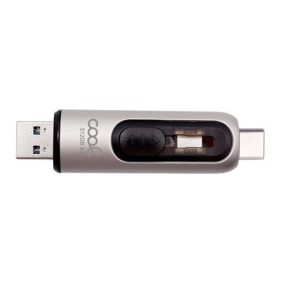 Pen USB cinzenta e preta com conectores USB 3.0 e USB tipo C e texto 'cool 512GB 3.0'