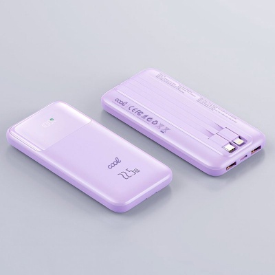 Duas power banks lilases com texto cool 22.5W e painel digital, conectores USB e etiquetas de certificação.
