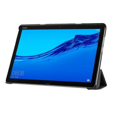 Tablet Huawei preto num suporte, mostrando ecrã azul com onda e texto 08:08 Sat, 16 Aug