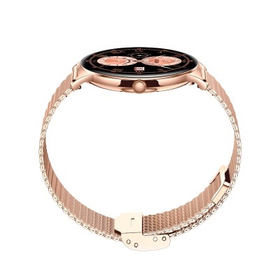 Relógio dourado rosé com mostrador negro e bracelete metálica