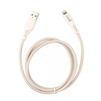 Cabo USB para Lightning em tecido bege com texto cooe no conector branco