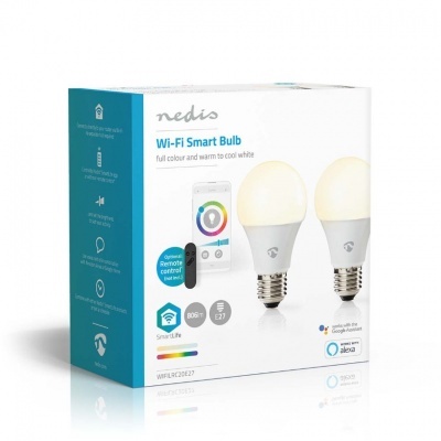 Caixa branca e azul de lâmpadas LED inteligentes Nedis Wi-Fi Smart Bulb