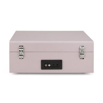 Caixa rosa claro com fechaduras metálicas e conectores áudio