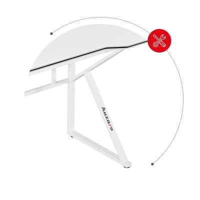 Mesa de escritório branca com estrutura metálica e logótipo huzaro