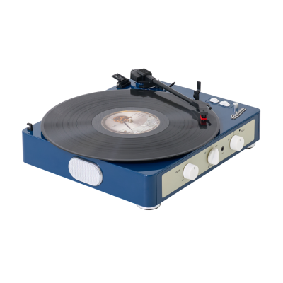 gira-discos azul com disco vinil preto e botões brancos