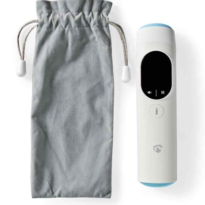 Termómetro digital branco com bolsa de tecido cinzenta