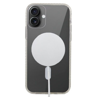 Smartphone preto com carregador wireless branco redondo na parte traseira