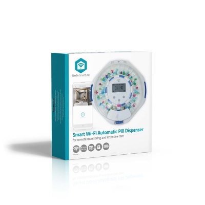 Dispenser automático de comprimidos inteligente Wi-Fi em embalagem branca e azul