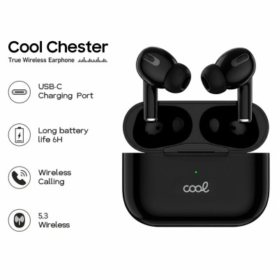 Auriculares True Wireless pretos Cool Chester com estojo e texto de características