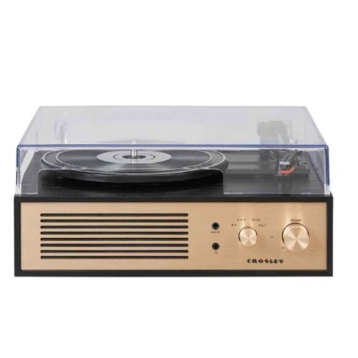 gira-discos preto com painel dourado e capa transparente