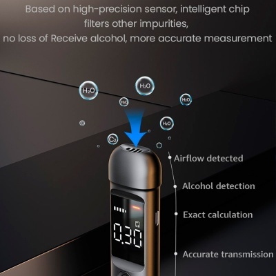 Dispositivo digital preto com ecrã LED que indica medições e funcionalidades relacionadas com deteção de álcool.