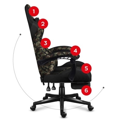 cadeira de escritório gaming camuflada e preta com apoio ajustável e suporte para pés