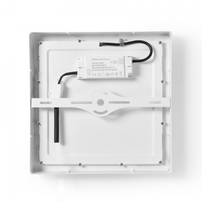 Painel LED quadrado branco com componente eletrônico visível na parte traseira